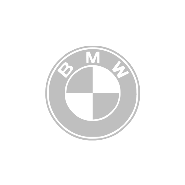 Graues BMW Logo mit kreisförmigem Design, mit den Buchstaben B M W oben und Quadranten in abwechselnden hellen und dunklen Grautönen in der Mitte, auf einem schlichten hellen Hintergrund.