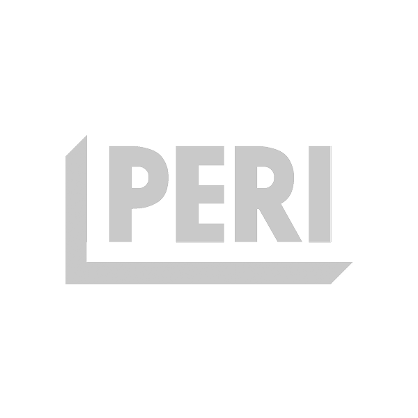 Graues Logo auf weißem Hintergrund mit dem Wort PERI in fetten Großbuchstaben und einer dicken, L-förmigen Linie, die den Text links und unten einrahmt.
