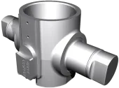 3D-gerendertes Bild eines metallischen T-förmigen Rohrfittings mit sechseckigen Enden und einer Gewindekupplung, das üblicherweise in der Sanitärtechnik oder in mechanischen Systemen verwendet wird.