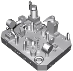 3D-gerendertes Bild einer Präzisions-Metallprüfvorrichtung mit verschiedenen Klemmen, Zylindern und Fixierstiften auf einer rechteckigen Grundplatte, die zum Halten und Prüfen von Teilen in der Fertigung verwendet wird.